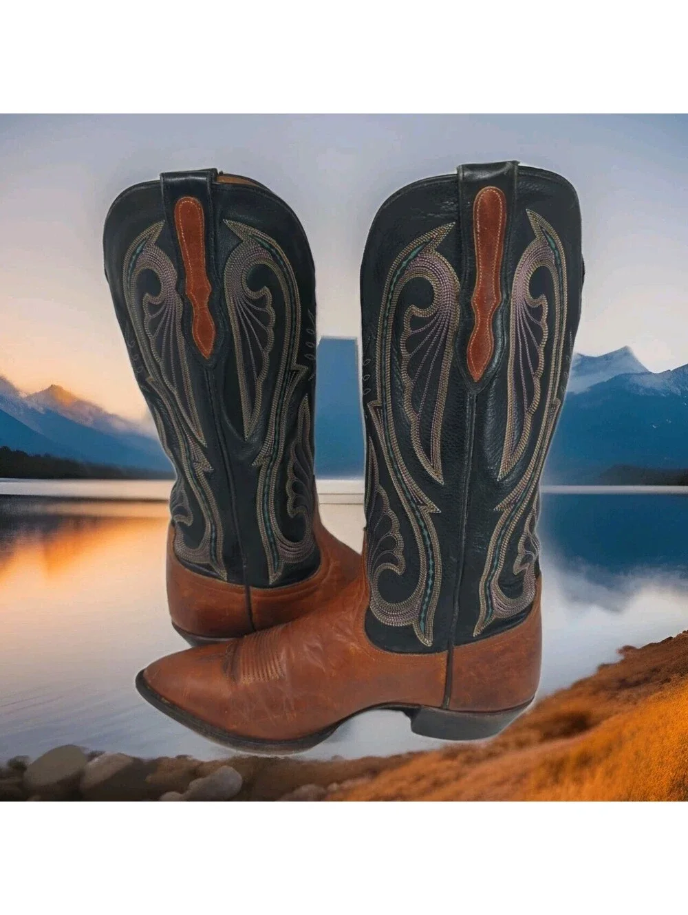 Larry Mahan El Paso Leather Cowboy Western Boot Men 7 Women 8 Two Tone Black Tan
